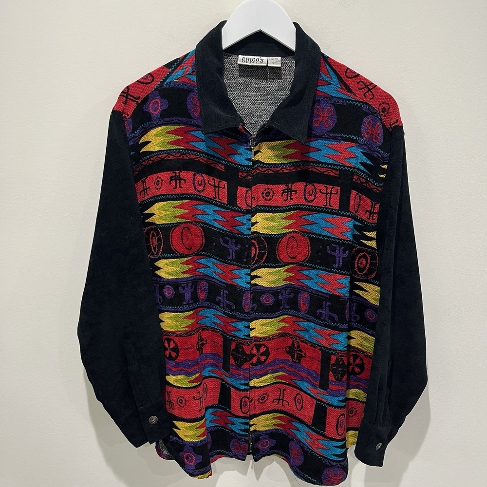 Vtg CHICO'S DESIGN Womens Large Zip Up Jacket Southwest Colorful Artsy Aztec